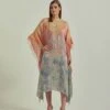 Hand Block Printed Multi Colour Kaftan Dress Embellished With Gota Patti Cross Stitch Around The Neck Line -Ethereal Styles 1073581