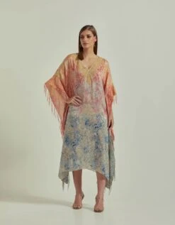 Hand Block Printed Multi Colour Kaftan Dress Embellished With Gota Patti Cross Stitch Around The Neck Line