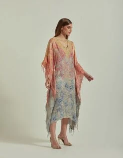 Hand Block Printed Multi Colour Kaftan Dress Embellished With Gota Patti Cross Stitch Around The Neck Line -Ethereal Styles 1073583