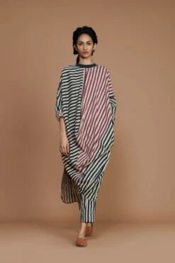 Mauve Pink Ribbed Cowl Tunic Striped Ivory Dress