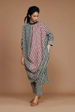 Mauve Pink Ribbed Cowl Tunic Striped Ivory Dress -Ethereal Styles 18032022mati29 4