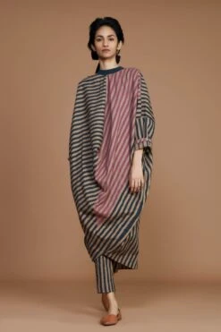 Brown Ribbed Cowl Tunic Striped Brown Dress