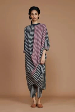 Grey Ribbed Cowl Tunic Striped Grey Dress