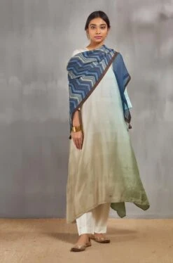 Apple Green Ombre Hued Asymmetrical Dress Kurta With Stole