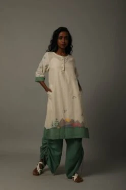 Ivory White With Green Khadi Jamdani Tunic Dress With String Trouser -Ethereal Styles 1 14708