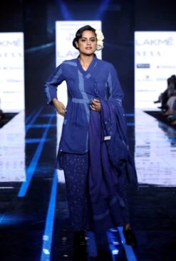 Indigo Button Dress Dotted Pants Paired With Tie-Cross Tunic