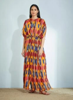 Long Kaftan Dress In Ikat Print