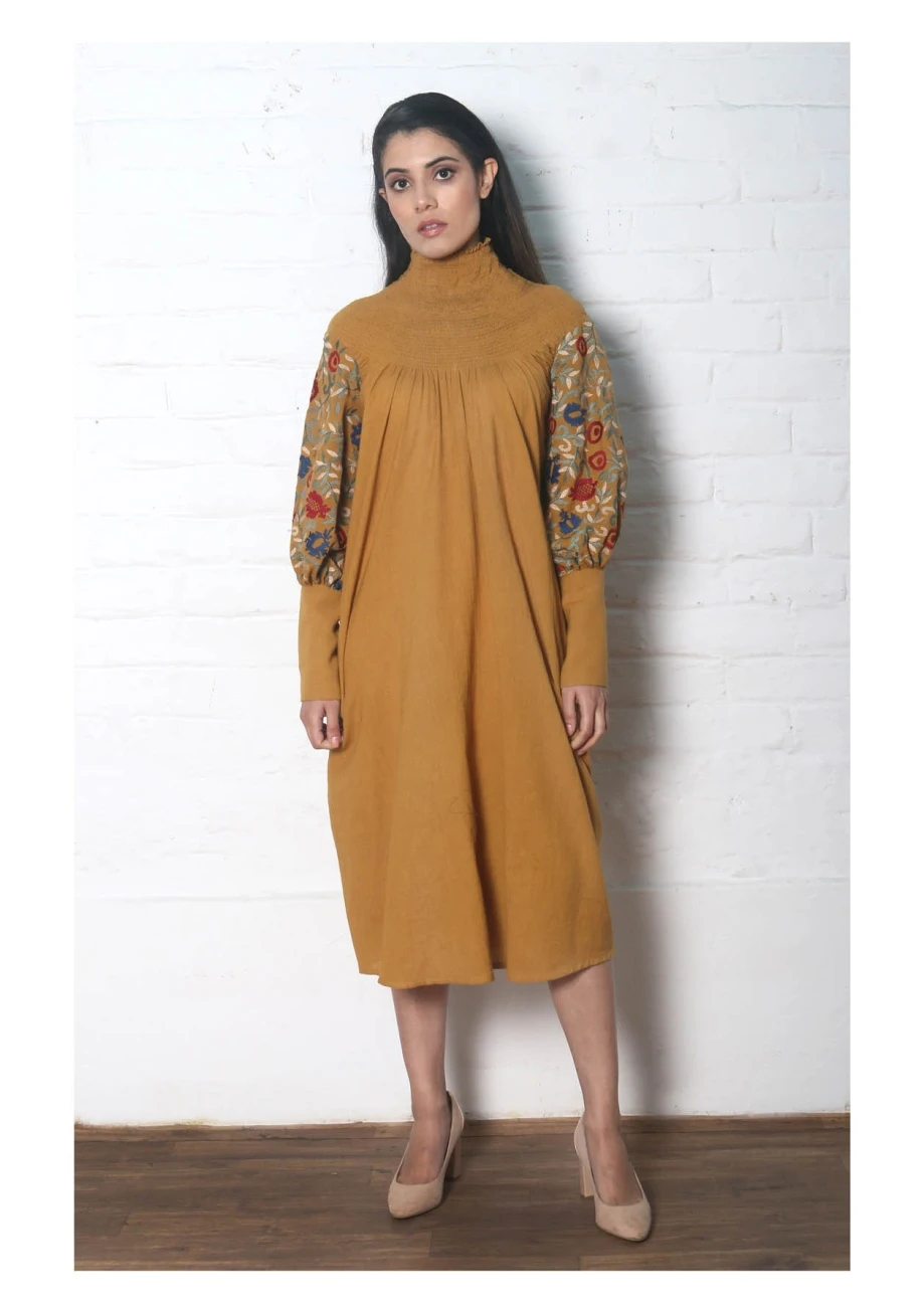 Mustard Smocked Neck Dress Kurta 3 Mustard Smocked Neck Dress Kurta