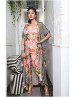 Grey Big Protea H/H Long Dress With Scallop Blouse And Salwar Pant