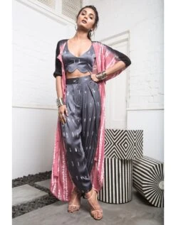 Grey Old Rose Shibori Back Cowl Dress With Blouse And Salwar Pant