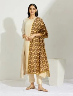 Artisanal Ivory Asymmetrical Ombre Dress Kurta With Printed Stole