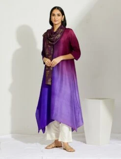 Artisanal Dark Purple Asymmetrical Ombre Dress Kurta With Printed Stole