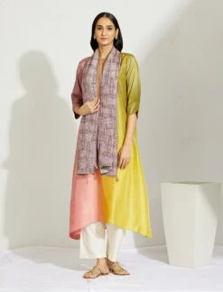 Artisanal Peach Yellow Asymmetrical Ombre Dress Kurta With Printed Stole