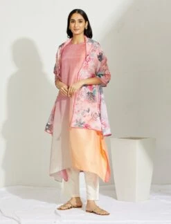 Artisanal Mauve Peach Asymmetrical Ombre Dress Kurta With Printed Stole