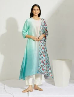 Artisanal Blue And Mauve Asymmetrical Ombre Dress Kurta With Printed Stole