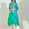 Artisanal Green And Blue Asymmetrical Ombre Dress Kurta With Printed Stole -Ethereal Styles 1 30578