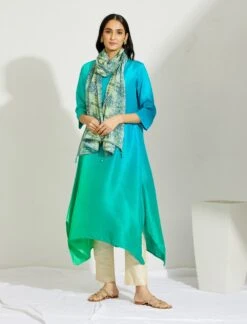 Artisanal Green And Blue Asymmetrical Ombre Dress Kurta With Printed Stole