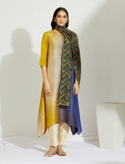 Artisanal Multicolor Asymmetrical Ombre Dress Kurta With Printed Stole
