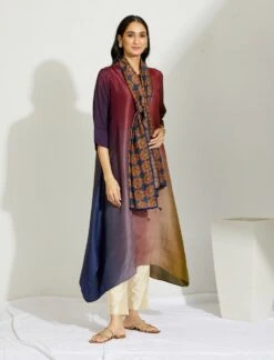 Artisanal Olive Navy Maroon Asymmetrical Ombre Dress Kurta With Printed Stole