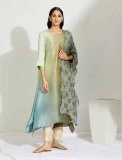Artisanal Olive Pista Asymmetrical Ombre Dress Kurta With Printed Stole