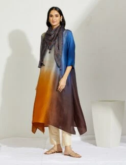 Artisanal Ink Mustard Asymmetrical Ombre Dress Kurta With Printed Stole