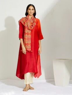 Artisanal Orange Red Asymmetrical Ombre Dress Kurta With Printed Stole