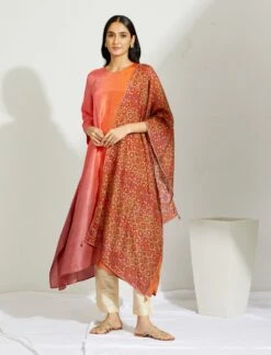 Artisanal Peach Mauve Asymmetrical Ombre Dress Kurta With Printed Stole