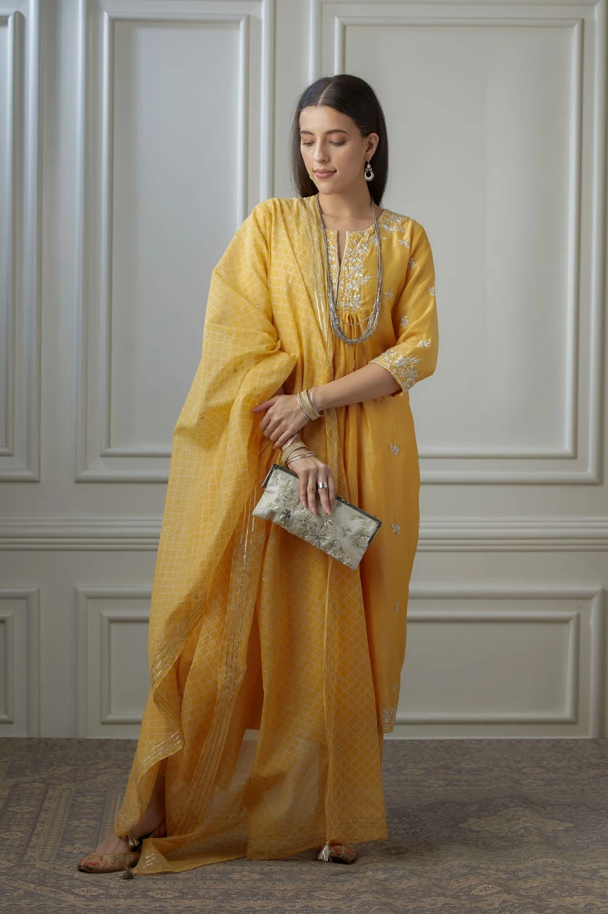 Golden Yellow Silver Zari Embroidered Kurta Dress Set With Fine Gathers At Waistline 3 Golden Yellow Silver Zari Embroidered Kurta Dress Set With Fine Gathers At Waistline