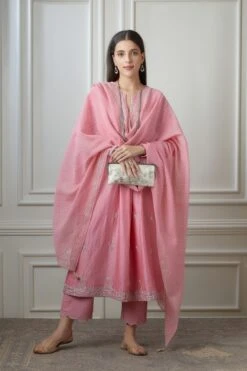 Lotus Pink Silver Zari Embroidered Kurta Dress Set With Fine Gathers At Waistline