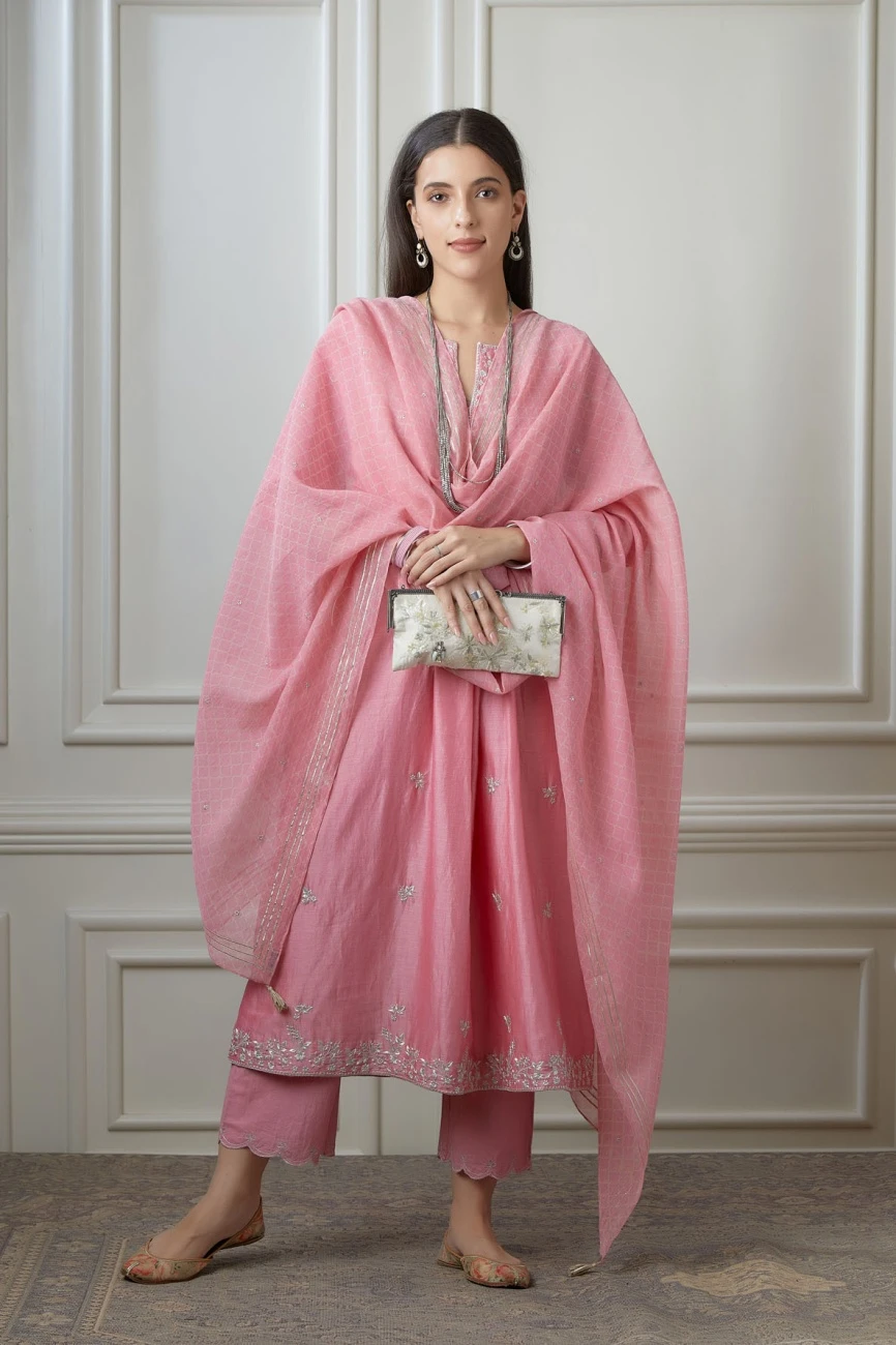 Lotus Pink Silver Zari Embroidered Kurta Dress Set With Fine Gathers At Waistline 3 Lotus Pink Silver Zari Embroidered Kurta Dress Set With Fine Gathers At Waistline