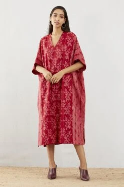 Oxblood Pleated Kaftan V-Neck Dress