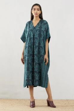 Teal Pleated Kaftan V-Neck Dress