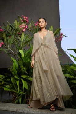 Eden Stone Tulle 3D Embroidery Jacket With Slip Dress And Belt