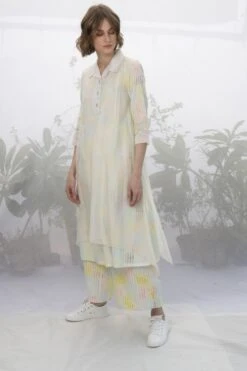 Multi Stripe Hand Block Printed Double Layer Dress With Flare Pants