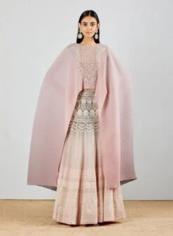 Blush Pink Gotta Patti Chikankari Embroidered Poncho Dress With Shaded Crinkle Cape