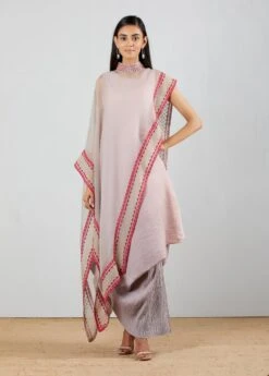 Blush Pink Grey Shaded Crinkle Crepe Dress With Asymmetric Cape