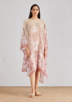 Pink Pleated Mid Calf Length Kaftaan Dress