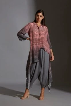 Pink And Grey Rangrez Dhoti And Dress