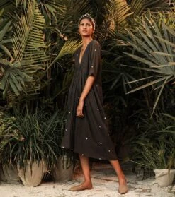 Charcoal Polka Ruffled Empire Yoke Dress