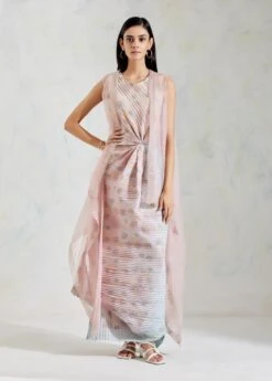 Pink And Aqua Sage Shaded Organza And Crinkle Crepe Cape And Dress