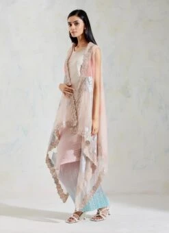 Pink With Aquatic Sage Shaded Organza And Crinkle Crepe Cape And Dress