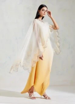 Ivory And Yellow Organza And Crinkle Crepe Cape And Dress