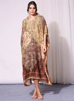 Golden Beige Applique Printed Kaftan Dress