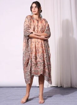 Coral Printed Kaftan Dress With Rushed Sleeves