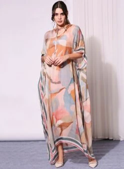 Multi Colour Printed Kaftan Dress With Neck Tie Up