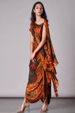 Multi Floral Print Hand Micro Pleated Sari Dress With Drapery And Adjustable Slength