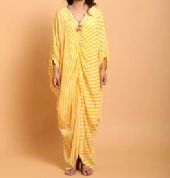 Yellow White Lehariya Kaftan Dress