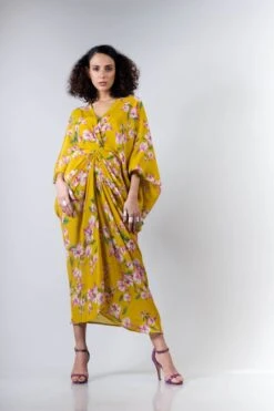 Yellow Bougainvillea Printed Drawstring Kite Dress