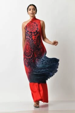 Red Into Navy Batik Printed Pleated One Shoulder Dress