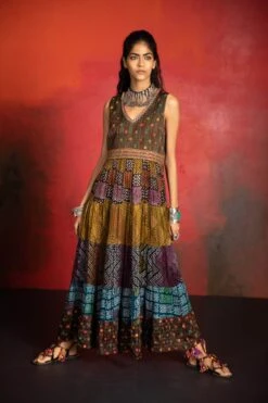 Brown Mirch Masala Embroidered Belt Tiered Dress